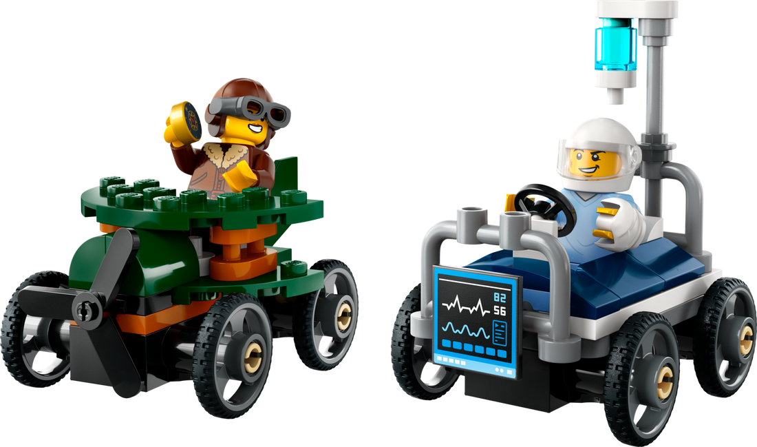 LEGO Set 60459-1 Airplane vs. Hospital Bed Race Car Pack Alternate build Ideas: a fresh display direction, a formula racer, and a lidded flower-box display idea