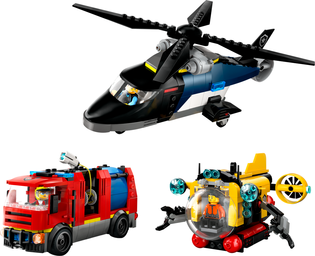 LEGO Set 60462-1 Helicopter, Fire Truck & Submarine Remix Alternate build Ideas: City Service Trucks, Road Scenes, and Rescue Rebuilds