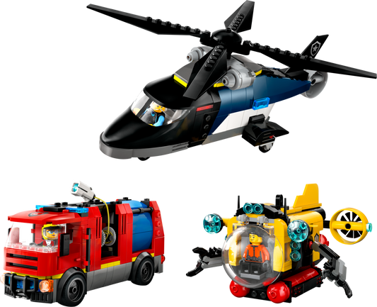 LEGO Set 60462-1 Helicopter, Fire Truck & Submarine Remix Alternate build Ideas: City Service Trucks, Road Scenes, and Rescue Rebuilds