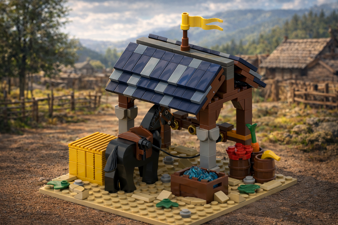 Medieval Horse Watering Station MOC with roofed wooden frame, water trough, hay, barrels, and horse