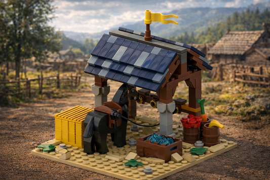 Medieval Horse Watering Station MOC with roofed wooden frame, water trough, hay, barrels, and horse