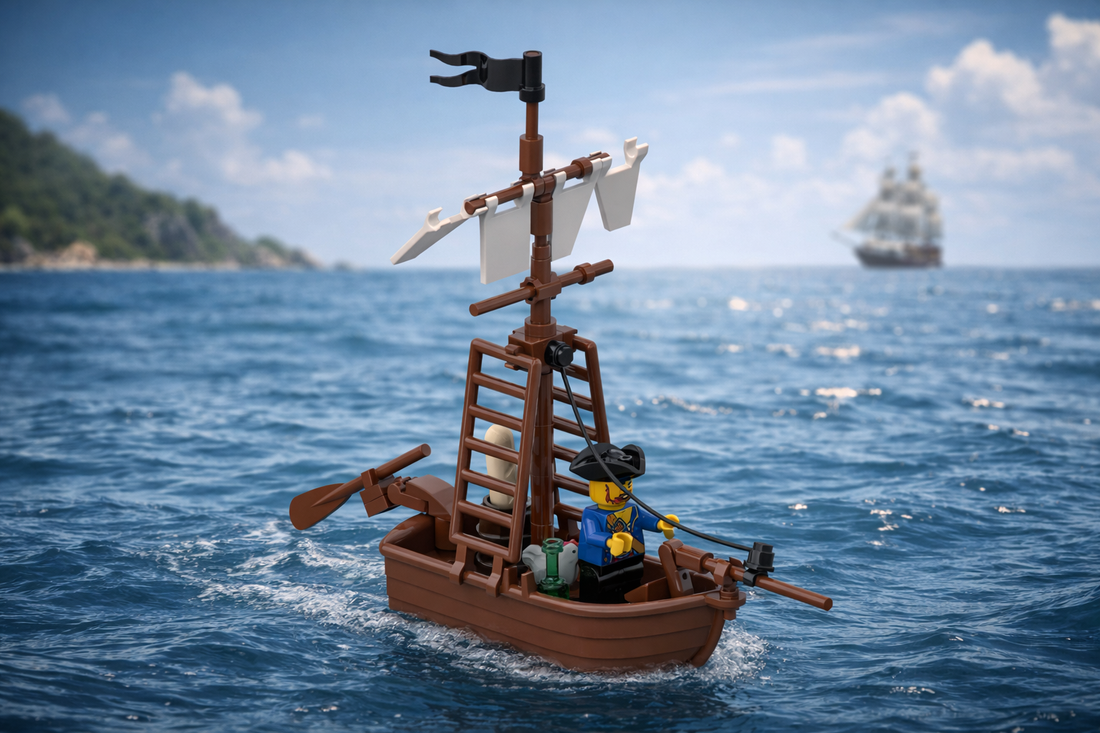 Small Pirate Boat MOC with mast, sails, oars, flag, and pirate figure