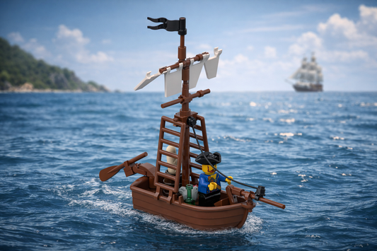 Small Pirate Boat MOC with mast, sails, oars, flag, and pirate figure