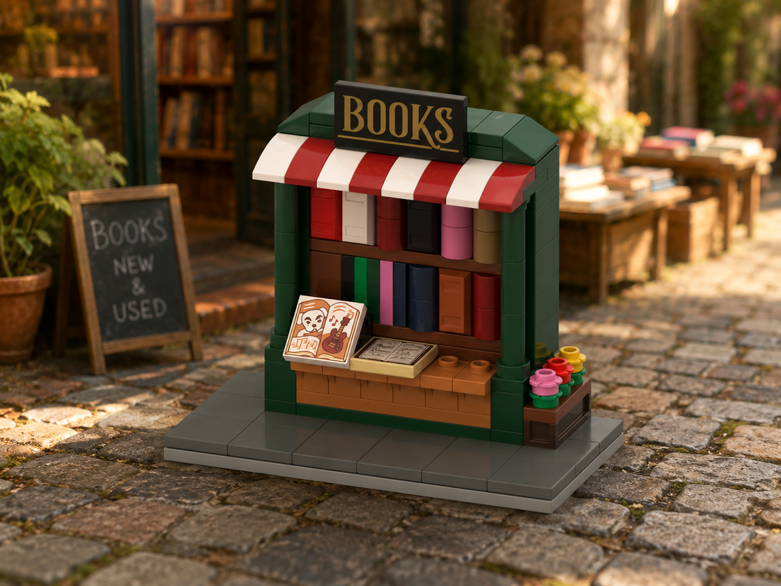 Book Stand MOC with BOOKS sign, striped canopy, shelves, open books, sidewalk base, and flower planter
