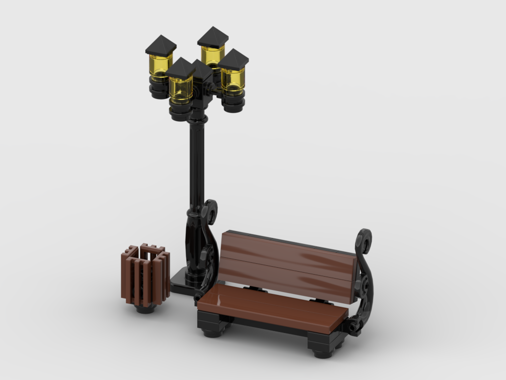 Bench, Lamp & Trash Can – Free Building MOC Instructions