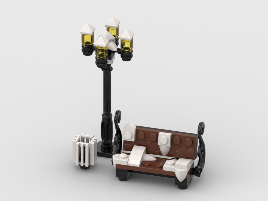 Bench, Lamp & Trash Can snow – Free Building MOC Instructions
