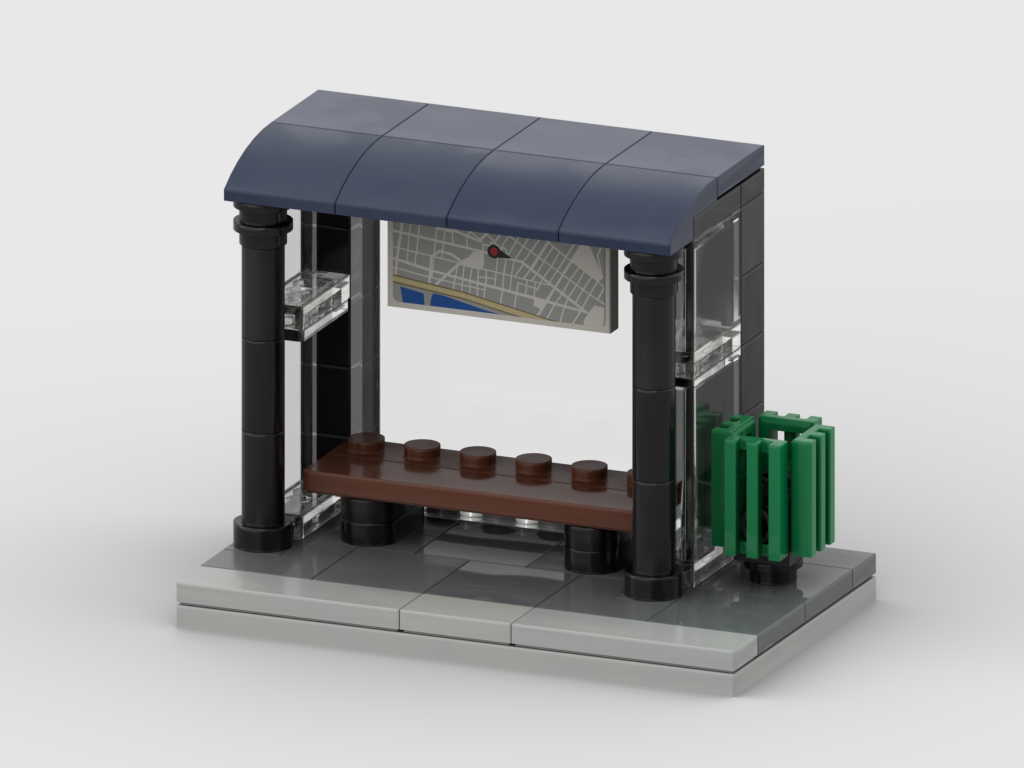 Bus Stop MOC with curved roof, transparent panels, bench, route map, and street bin