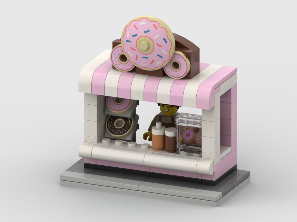 Donut Stand MOC with pink-and-white awning, donut sign, counter, and display