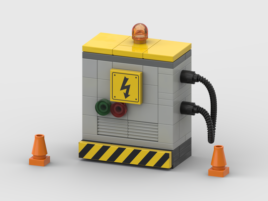 Electrical Control Cabinet MOC with warning markings, indicator lights, cables, and safety cones