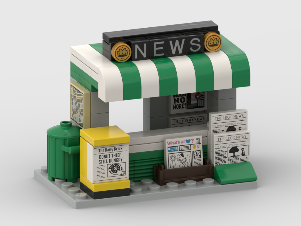 News Stand MOC with green-and-white canopy, NEWS sign, newspapers, map tile, and street details