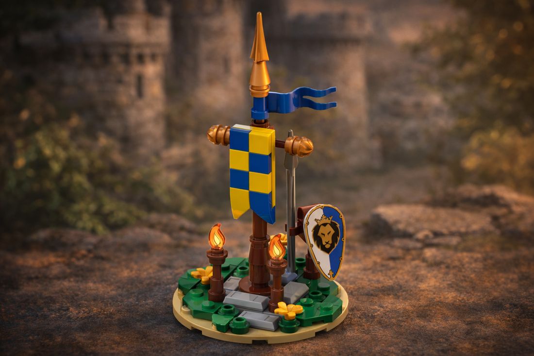 Royal Banner MOC with blue and yellow flag, lion shield, torches, and castle-style base